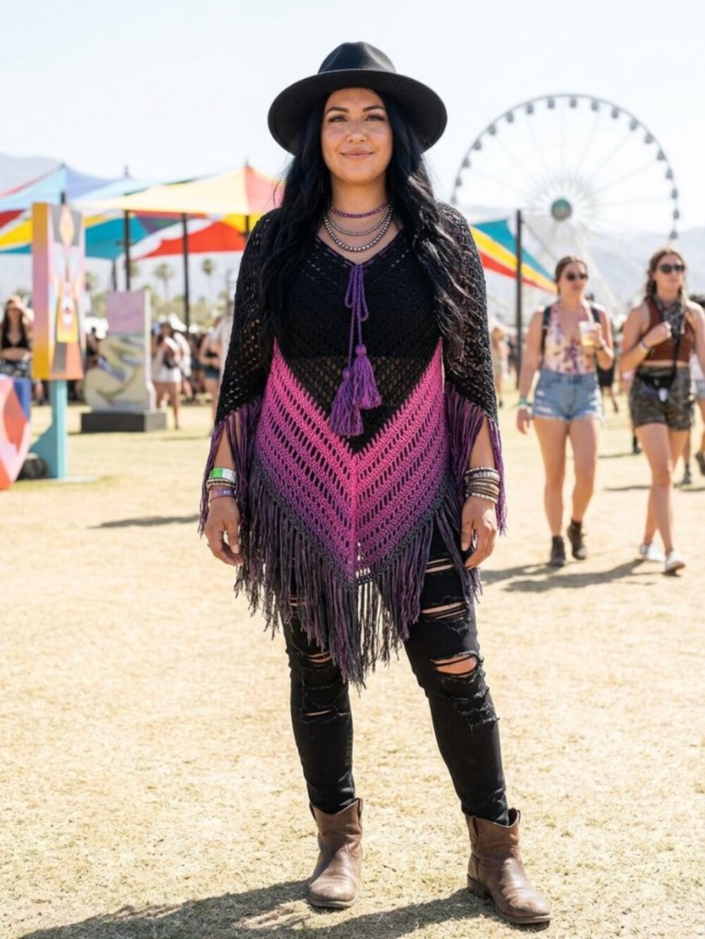 Boho Gorgeous Crochet Poncho Tassel Fringe Black Magenta long top Large - XL